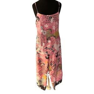Natori Pink Brown Floral Birds Two Piece Pants Cami Set Medium